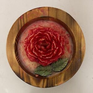 Wooden Bowl with Red Rose Design candle w/ wooden wick